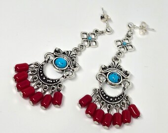 Red, blue and silver tone Southwest inspired 2.5-inch chandelier earrings