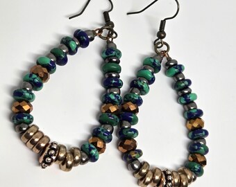 Natural malachite/azurite stone bead flexible hoop earrings with glass and metal, no plastic