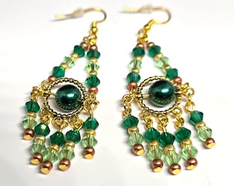 Mixed Metal Green Crystal Chandelier Earrings – Spinning Stress Fidget 18k Gold Plated Hooks