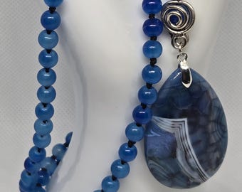 Ocean Blue Agate Pendant Necklace – Hand-Knotted Czech Glass Beads, Statement Teardrop