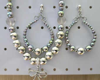 Pastel Rainbow Hematite Rose Quartz Beaded Necklace and Earring Set - Bow Charm
