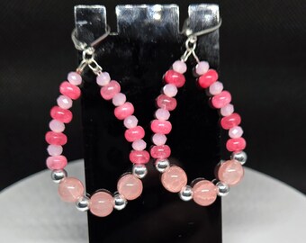 Pretty in Pink Crystal, Quartz and Agate - Hoop Earrings - Teardrop Shape
