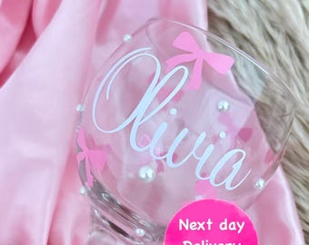 Personalised Pink Bow Gin  Glass  | Christmas Gift | Birthday Gift |