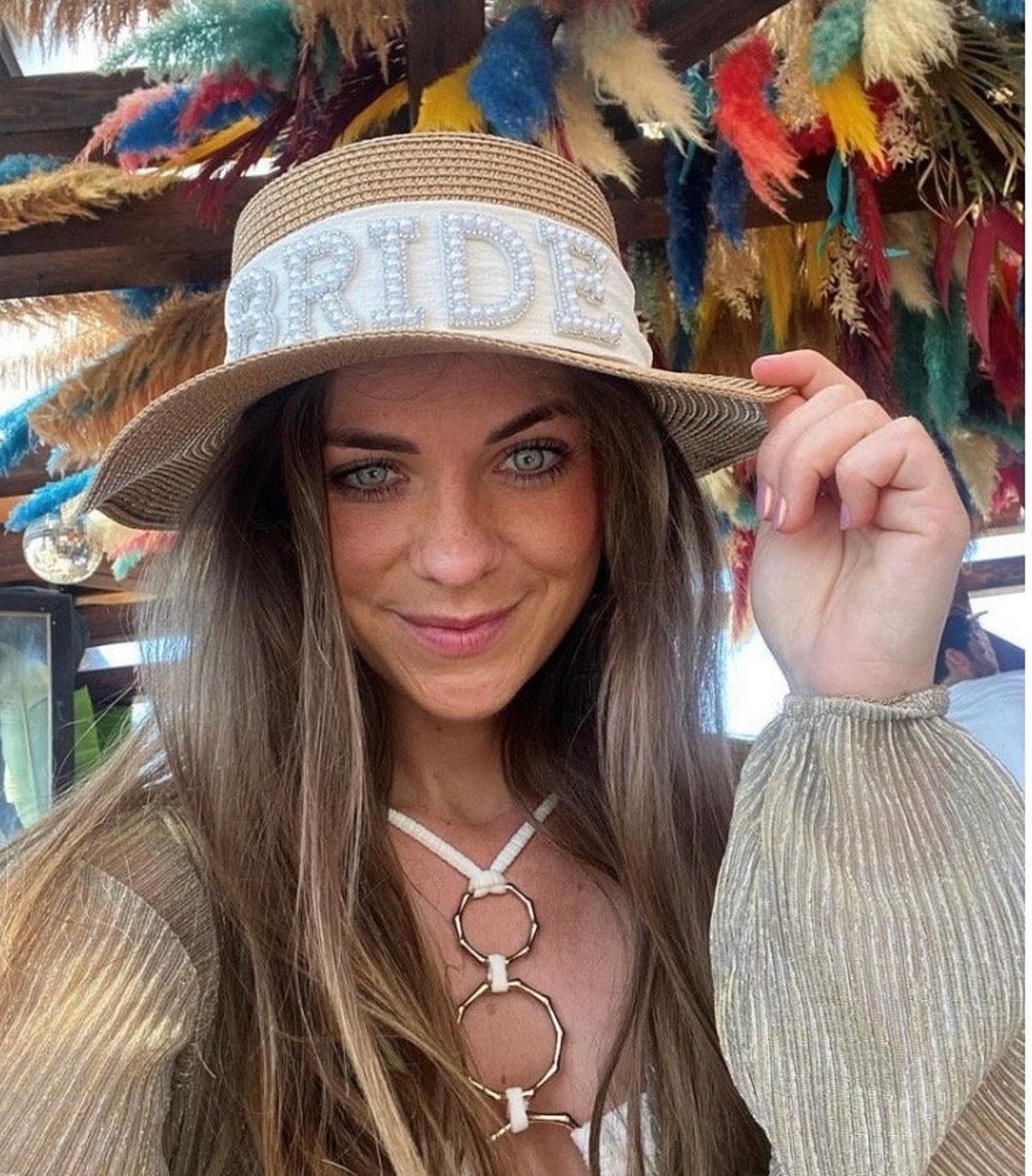 Bride Straw Hat, Wedding Bachelorette Party, Bridal Sun Hat  display picture 2