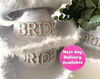 Personalized Bride Cowboy Hat | White Feather Hen Party Hat