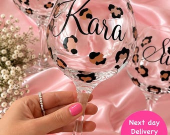 Personalized Leopard Print Gin Glass | Rose Gold Name, Bridesmaid Gift