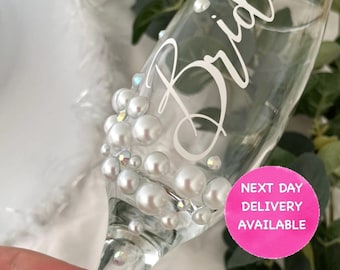 Personalised Pearl Flute Glass  Birthday Gift Wedding gift Bridesmaids Gift Hen Do Bride To Be Stemless Flute Glass