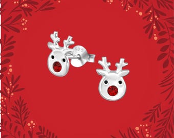 Reindeer Stud Earrings | Sterling Silver |Christmas Gift | Rudolph Red Nose Reindeer