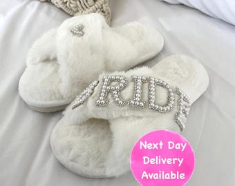 Bride Slippers | Wedding Day | White Bride Slippers | Hen Party | Personalised Slippers | Bridesmaid Gift | Wedding Gift | Christmas Gift
