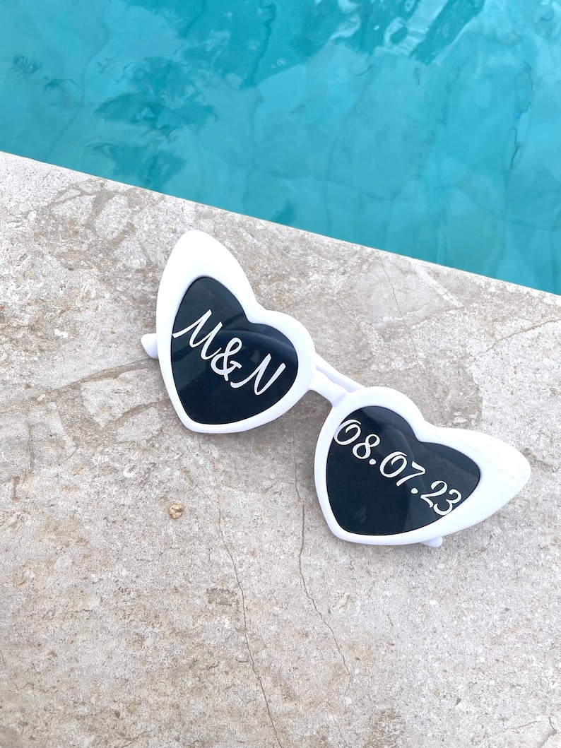 Wedding Sunglasses Personalised Love Heart Sunglasses White Wedding Personalised SunglassesWedding Video Wedding Date Initials Wedding Gift image 2