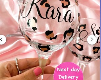 Personalized Leopard Print Gin Glass | Rose Gold Name, Bridesmaid Gift