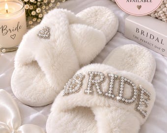 Personalized Bride Slippers | White Faux Fur, Wedding Day Gift