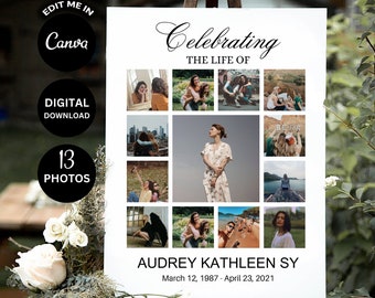 Pode incluir: Um cartaz branco com uma borda preta e o texto "Celebrating the Life of Audrey Kathleen Sy March 12, 1987 - April 23, 2021". O cartaz é dividido em uma grade de 12 fotos, cada uma mostrando um momento diferente na vida da pessoa.