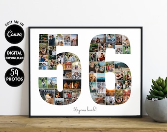 EDITABLE 54 photos, Personalized 56th Birthday Photo Collage Template Gift for Husband and Wife, 56th Anniversary, Digital Printable