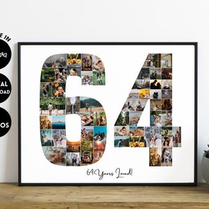 Puede incluir: Impresión enmarcada con el número "64" compuesto por 56 fotos. El texto "64 Years Loved!" está debajo. Las palabras "Edit me in Canva" y "Digital Download" están a la izquierda.