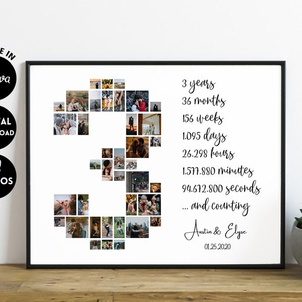 EDITABLE Custom 3 year anniversary collage gift for boyfriend, 3rd birthday Photo Collage Template