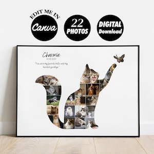 Op de afbeelding: Een digitaal afdrukbaar gedenkteken voor een kat genaamd Charmie. De afbeelding is een silhouet van een kat, gemaakt van 22 foto's van de kat. De tekst luidt "Charmie 03.25.2024 "Je was mijn favoriete hallo en mijn moeilijkste afscheid."
