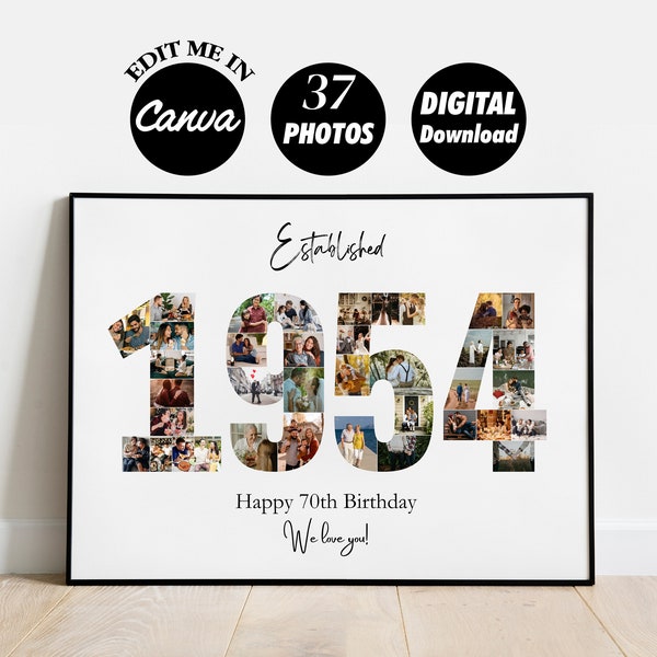 EDITABLE Custom 1954 Collage, 70th birthday collage print, Photo Collage Template, Number Collage, DIGITAL FILE