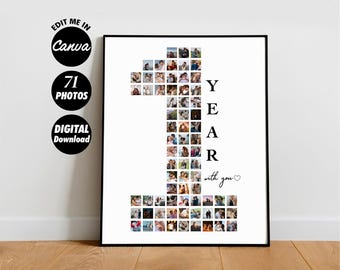Bewerkbare fotocollage voor jullie eerste huwelijksjubileum | Huwelijksgeschenk | 1-jarig jubileum | Cadeau voor vriend, cadeau voor haar, eerste verjaardag
