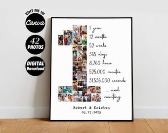 Op de afbeelding: Een witte fotocollage in de vorm van het nummer één, met een raster van 42 foto's van een stel. De tekst onder de collage luidt "1 jaar, 12 maanden, 52 weken, 365 dagen, 8.760 uur, 525.000 minuten, 31.536.000 seconden... en het gaat door." Onder de tekst staan de namen van het stel, "Robert & Kristen", en de datum "03.27.2025".
