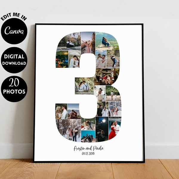 EDITABLE 20 photos, Personalized 3rd Anniversary Photo Collage Template Gift for Boyfriend, Birthday Present for him, Digital Printable