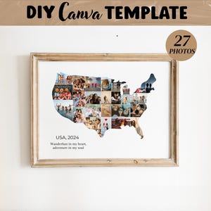 May include: A DIY Canva template for a photo collage in the shape of the USA map, featuring 27 photo slots. The framed print displays the text USA, 2024 and the quote Wanderlust in my heart, adventure in my soul, set against a white background.