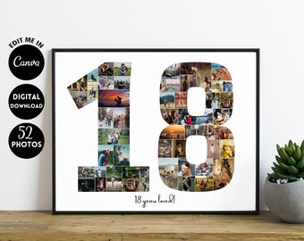 EDITABLE 52 photos, Custom 18th Birthday, 18th Anniversary Photo Collage Template Poster, 18 years gift, Personalized Special GIft