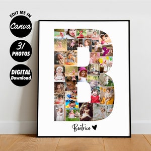 Plantilla EDITABLE de nombre de bebé personalizada letra B, collage de fotos inicial, decoración de la habitación de la guardería
