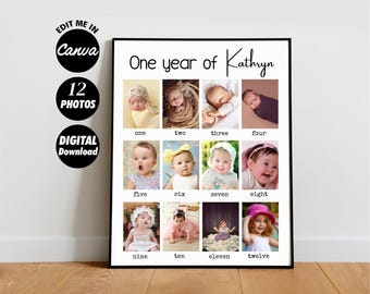 1st Birthday Gift, 1 Year Milestone Photo Collage Template