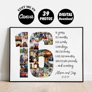 編集可能なパーソナライズされた 16 周年記念写真コラージュ テンプレート 彼氏へのギフト、彼への誕生日プレゼント、デジタル印刷可能