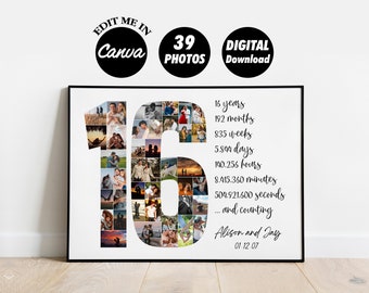 EDITABLE Personalized 16th Anniversary Photo Collage Template Gift for Boyfriend, Birthday Present for him, Digital Printable