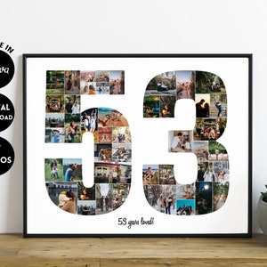 May include: A black and white photo collage of 53 photos arranged in the shape of the numbers 53. The collage is framed in a black frame and is on a wooden surface. The text "53 years loved!" is below the numbers.