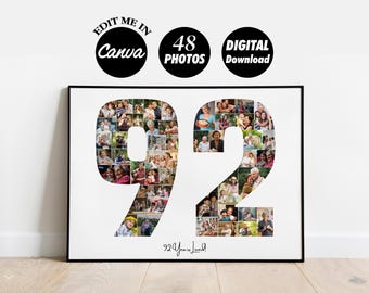 Personalized 92nd Birthday Anniversary Photo Collage Template Gift for Grandparent, 92 years ideas