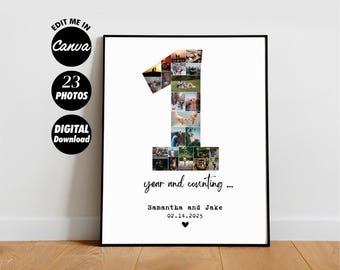 Op de afbeelding: Een witte poster met een zwarte lijst met een collage van foto's in de vorm van het nummer één. De tekst "year and counting..." staat onder het nummer één, gevolgd door "Samantha and Jake" en "02.14.2025".
