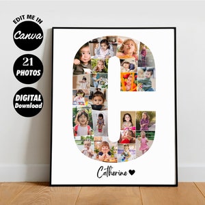 EDITABLE 21 fotos, Letra C Nombre personalizado del bebé, Collage de fotos inicial, Decoración de la habitación de la guardería, Póster de cumpleaños