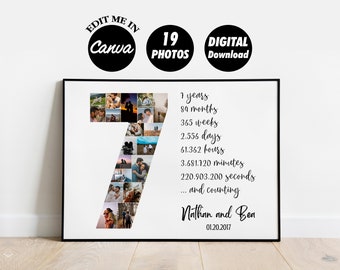 EDITIERBARE 19 Fotos, personalisierte Fotocollage zum 7. Jahrestag Geschenk für Freund, 7. Geburtstag, Digital Printable