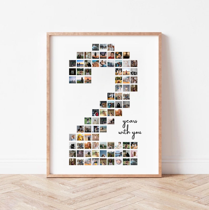 May include: A framed photo collage of the number 2 made from small photos. The number is in black and white and the text "2 years with you" is written in black cursive below the number.