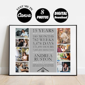 BEWERKBAAR 15-jarig werkjubileumcadeau voor werknemers fotocollage, jarenlange dienst, cadeau voor werknemer, bedankcadeau, digitaal bestand