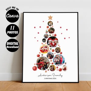 Könnte beinhalten: Ein digitaler druckbarer Weihnachtsbaum-Foto-Collage mit 11 Fotoplätzen. Der Baum ist mit roten Kugeln und einem goldenen Stern oben verziert. Der Text "Anderson Family Christmas 2024" befindet sich am unteren Ende des Baumes.