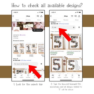 May include: A screenshot of a mobile phone showing a shop's product listings. The shop sells custom photo collage designs. The user can search for designs by typing keywords in the search bar. The image shows a search for '5th anniversary' and displays results for designs featuring the number '5'.