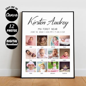 Collage fotografico personalizzato per il primo compleanno del bambino, poster modello per 1 anno, traguardo del 1° anno, foto di 12 mesi