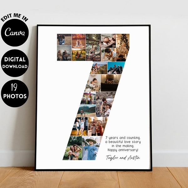 EDITABLE Custom 7 year Anniversary Photo Collage, 7th Anniversary Gift For Boyfriend, Number Collage, 7th Birthday