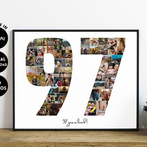 Puede incluir: Un collage de fotos en blanco y negro de 97 fotos dispuestas en forma del número 97. El texto "¡97 años de amor!" está debajo del número.