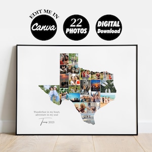 Collage photo personnalisé cadeau Texas, art mural carte de l'État du Texas, carte des Etats-Unis Cadeau personnalisé, carte photo de voyage, cadeau d'anniversaire, NUMÉRIQUE