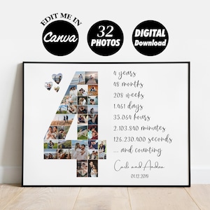 Puede incluir: Un póster digital imprimible con un collage de 32 fotos en forma del número 4. El póster incluye el texto "4 años, 48 meses, 208 semanas, 1.461 días, 35.064 horas, 2.103.840 minutos, 126.230.400 segundos... y contando", "Carb y Andrea", y "01.12.2019".