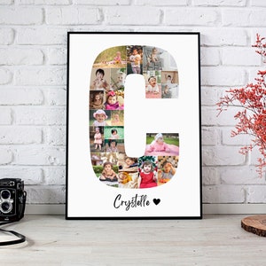 May include: A white framed photo collage of a letter C made of photos of a baby. The name "Crystalle" is written below the letter with a heart.