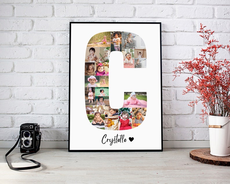May include: A white framed photo collage of a letter C made of photos of a baby. The name "Crystalle" is written below the letter with a heart.