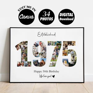 EDITIERBARE Benutzerdefinierte 1975 Collage, 50. Geburtstag Geschenk Fotocollagendruck, Zahlencollage, Jahrescollage, Jubiläumsplakat