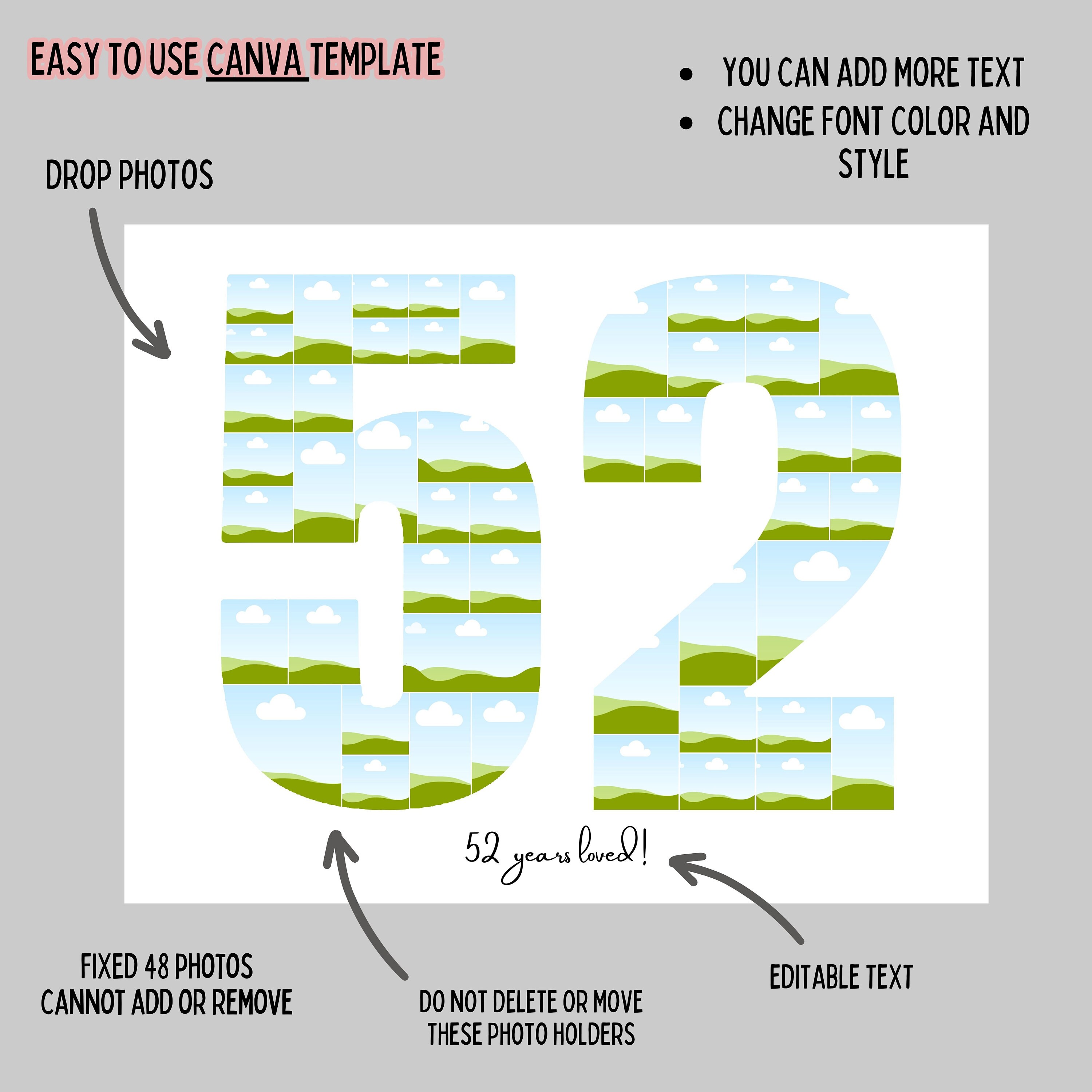 EDITABLE Custom 52 Photo Collage, 52nd Birthday Print, Photo Collage ...
