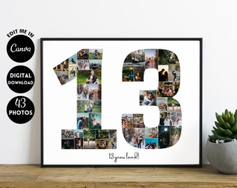 Può includere: Un collage fotografico in bianco e nero dei numeri 13, composto da 43 foto più piccole. Il testo "13 years loved!" è sotto i numeri.